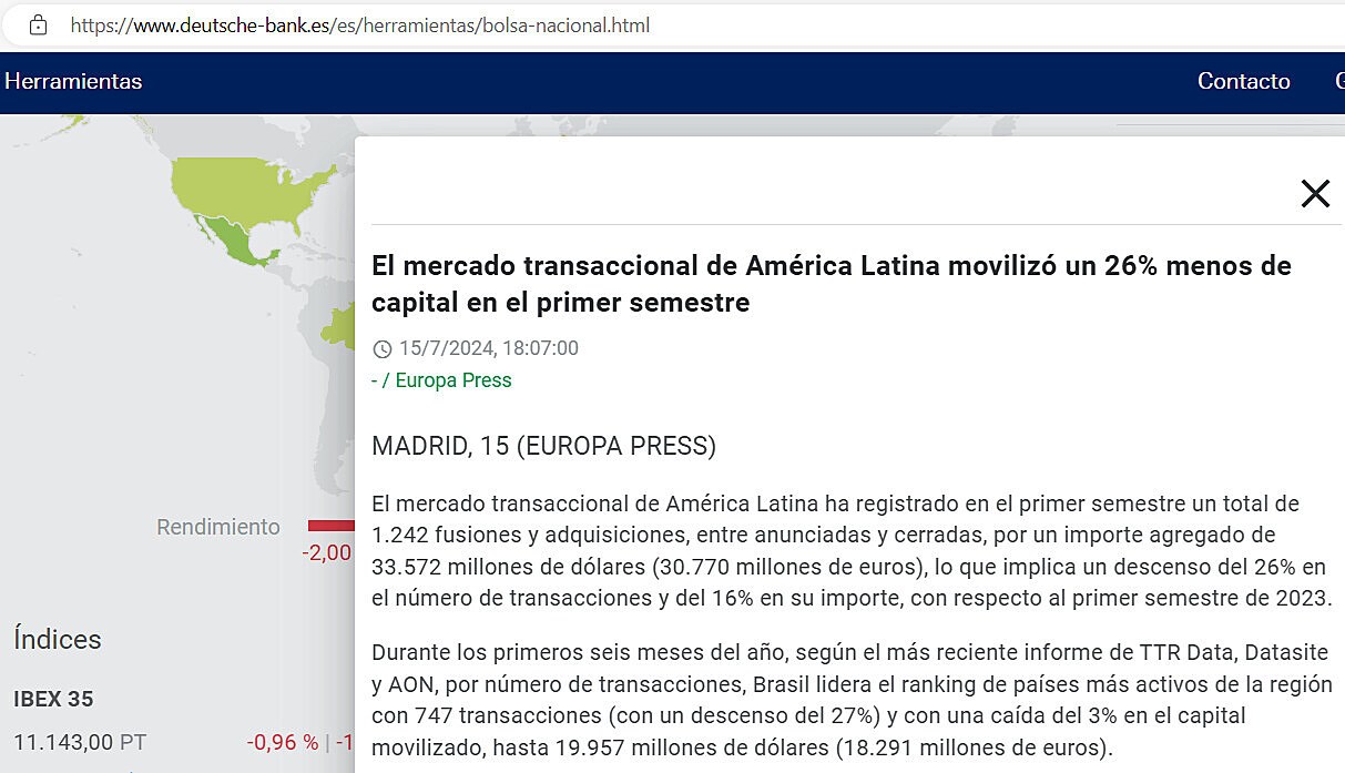 El mercado transaccional de Amrica Latina moviliz un 26% menos de capital en el primer semestre